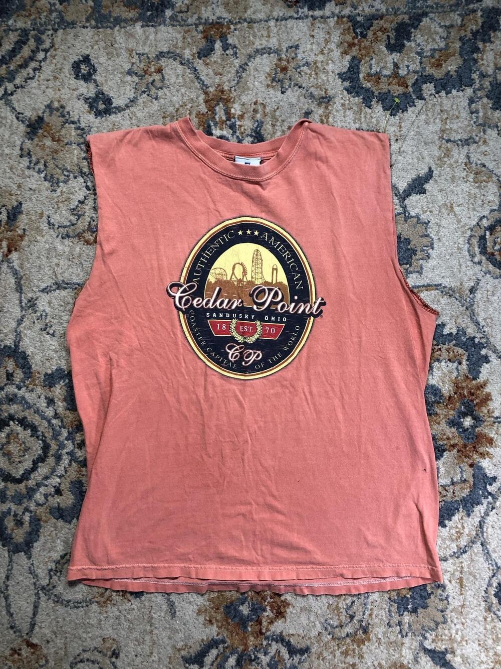 Cedar Fair Cedar Point Shirt Mens Medium Orange Sleeveless Graphic Tee Coaster